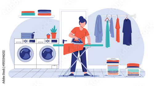 Hardworking woman irons a red garment on an ironing board in a domestic laundry room equipped with modern washing machines.