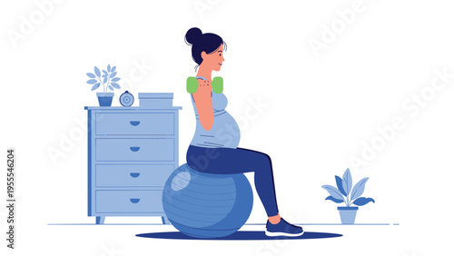 Active pregnant woman exercises with dumbbells while sitting on a blue fitness ball in a bright room to stay healthy during pregnancy.