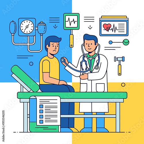 Dynamic flat line colorful illustration of a doctor conducting a thorough medical examination for a male patient at a modern health clinic