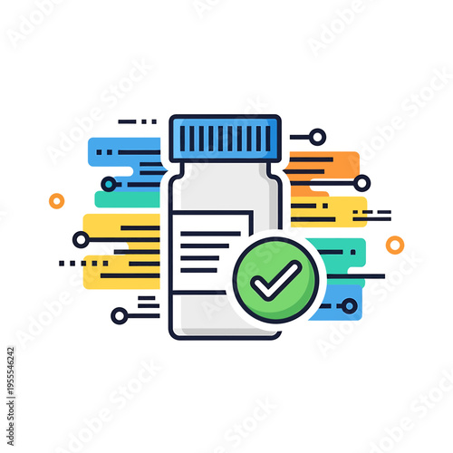 Vector illustration of a medicine bottle with a green checkmark, symbolizing successful pharmaceutical process, approved medical treatment, or healthcare solution completion concept