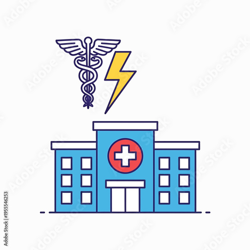 Vibrant Line Icon of a Hospital Under Stress, Featuring a Medical Caduceus and Lightning Bolt Symbolizing Healthcare Emergencies and Critical Care Needs