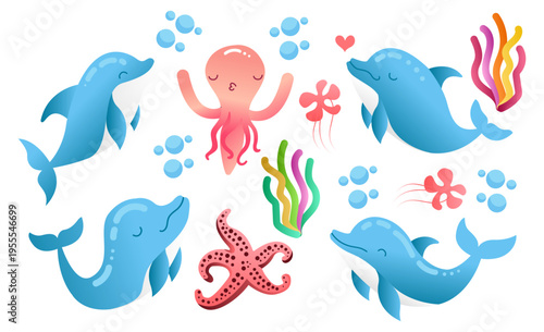 Dolphins jumping various poses, smiling squid and starfish cartoon, vector illustration eps10