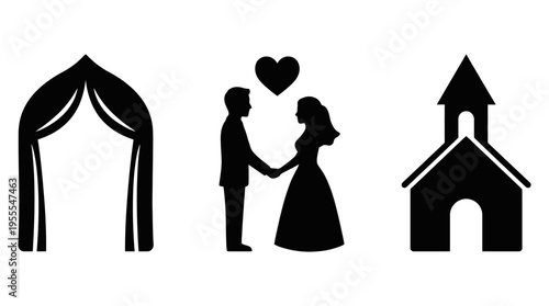 Wedding icons arch, couple, and church