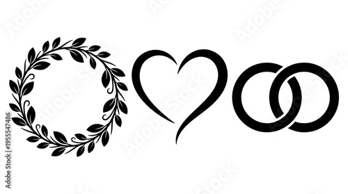 Wedding Ceremony Icons Rings, Heart, and Laurel Wreath