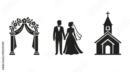 Wedding Icons Bride and Groom, Church, and Arch