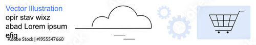 Cloud storage, tech solutions, e-commerce, online shopping, connection, innovation. Minimalist cloud shape, shopping cart and gear symbols. Cloud storage and tech solutions