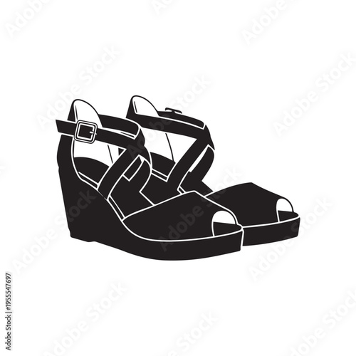 Black Wedge Sandals with Straps and Open Toe Isolated on White Stock Graphic