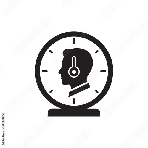 Man Head Silhouette Inside Clock Face with Hour Hand Icon Time Management Concept