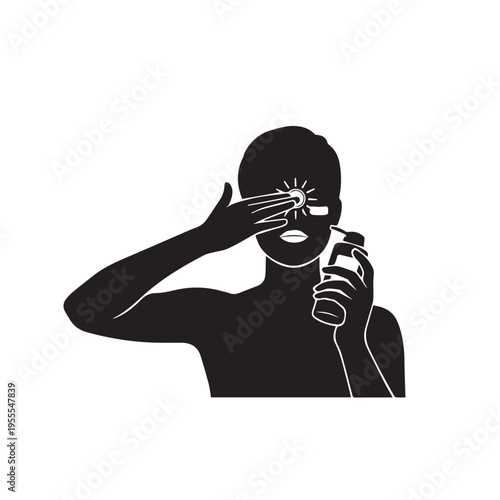 Person applying sunscreen to face with pump bottle sun rays graphic icon