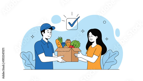 Friendly delivery man wearing a blue uniform handing a box of fresh groceries to a happy woman at her doorstep with a check mark.