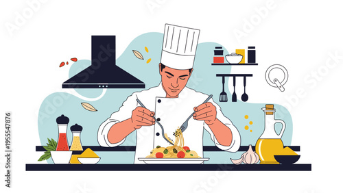 Talented male chef in professional white uniform prepares a delicious pasta dish in a modern well equipped kitchen.