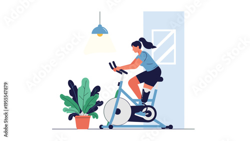 Determined woman with a prosthetic leg works out on a stationary exercise bike in a bright living room at home.