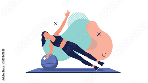 Active young woman performs a side plank exercise on a blue yoga mat with a fitness ball on an abstract background.