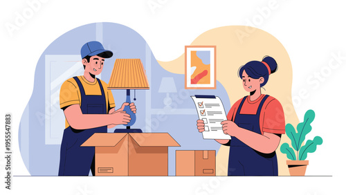 Professional movers wearing overalls pack a table lamp into a cardboard box while checking off items on a clipboard during a residential move.