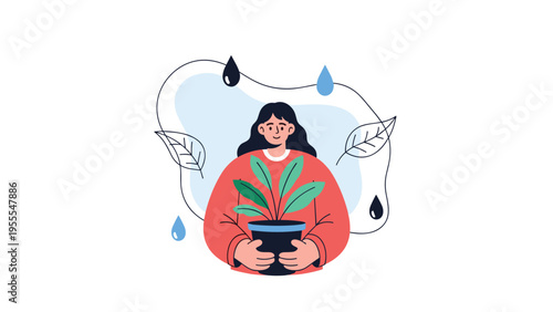 Young woman in a warm red sweater holds a potted plant surrounded by water droplets and symbolic leaf patterns.