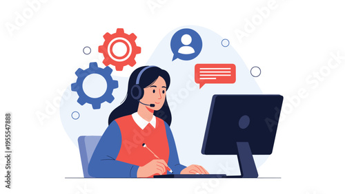 Female customer service agent wearing a headset works at a computer with technical gears and communication icons.