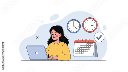 Young woman works on her laptop at home while managing her busy schedule with a calendar and multiple clocks representing different time zones.