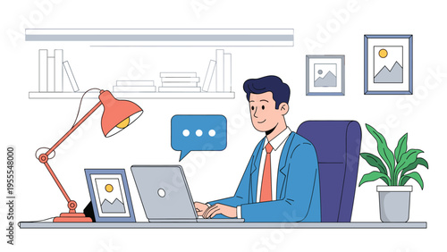 Young businessman working on a laptop in a comfortable home office with bookshelves, pictures, and a warm desk lamp.