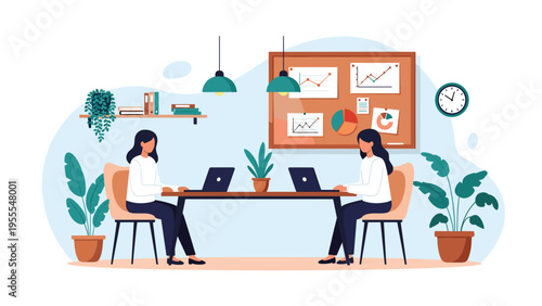 Female colleagues working diligently on their laptops at a long table in a stylish office filled with green plants and project boards.