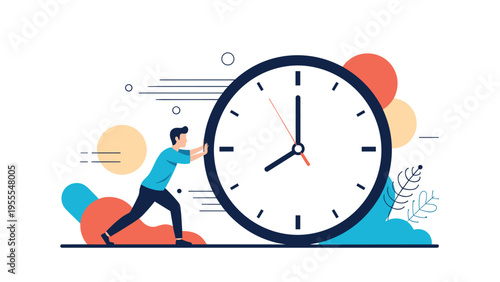 Determined man pushing a giant clock representing the effort to manage time, meet deadlines, and stay ahead in a fast paced world.