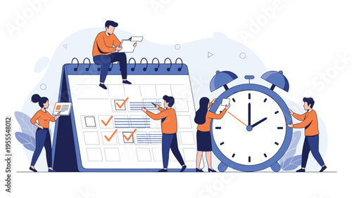 Small business team collaborating around a giant calendar and alarm clock to manage project schedules and meet tight deadlines.