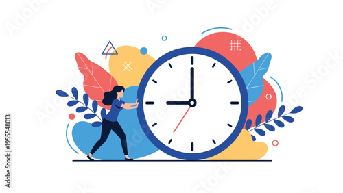 Professional woman pushing a giant clock against a colorful abstract background representing the constant challenge of time management at work.
