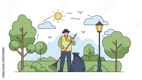 Diligent street cleaner wearing a high visibility vest and sweeping leaves in a beautiful sunny park with green trees and birds.