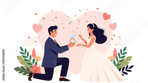 Romantic man kneeling to propose with a diamond ring to a beautiful woman in a wedding dress against a heart shaped background.
