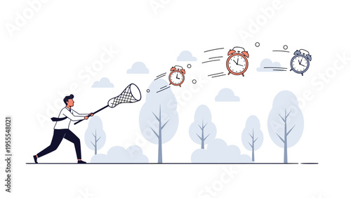 Business professional trying to catch flying alarm clocks with a net representing the struggle of managing fleeting time and deadlines.