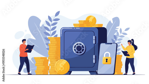 Financial team managing wealth and security with a large safe, stacks of gold coins, and secure mobile banking technology.