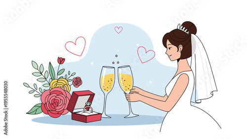 Happy bride toasting with champagne glasses next to a bouquet of roses and a diamond engagement ring in a red velvet box.