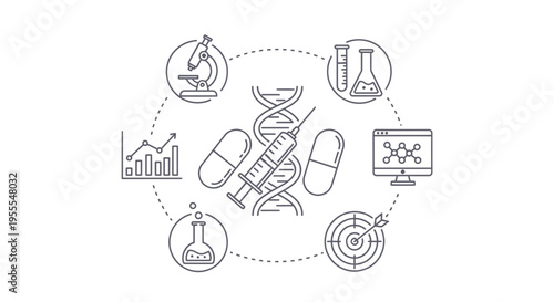 Biotechnology and Medical Research Icons: DNA, Syringe, Pills, Microscope, Lab