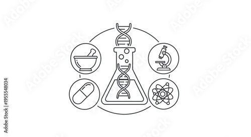 Biotechnology Concept: DNA, Microscope, Pill, Mortar and Pestle, Atom