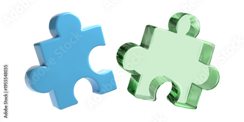 3d puzzle on white bg. Isometric blue and transparent green glass matching parts. Teamwork complex game of realistic jigsaw piece connection. Problem solving item icon, isolated shape. Creative logic