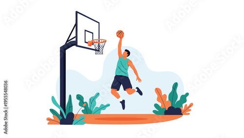 Athletic basketball player jumping high for a slam dunk on an outdoor court surrounded by lush tropical plants and bright sky.