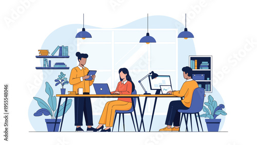 Diverse professionals working together in a shared office space with laptops, books, and green plants for a productive creative environment.