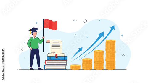 Successful graduate holding a red flag next to a stack of books and growing coin stacks representing the financial value of education.