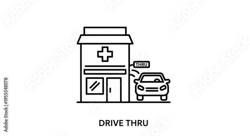 Drive Thru Pharmacy or Medical Service Icon with Car