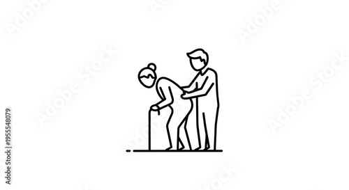 Elderly person with walking stick assisted by caregiver, line art icon