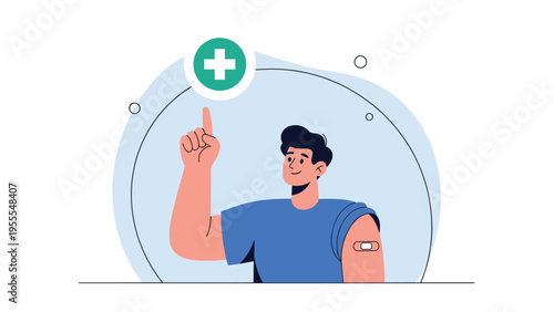 Smiling man points to a medical cross icon after receiving his vaccination with a protective bandage on his arm.