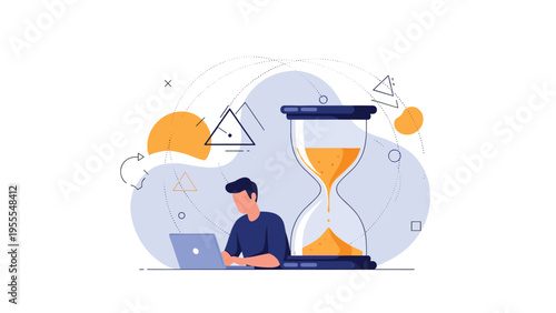 Man working on his laptop next to a large hourglass representing the pressure of time management and business deadlines.