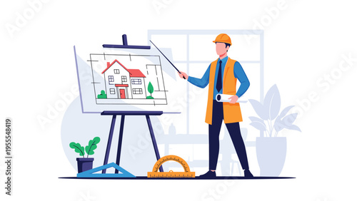 Professional architect in a hard hat points to a house blueprint on an easel with drafting tools in his studio.