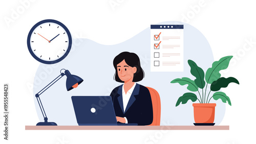 Businesswoman works on her laptop at an office desk with a wall clock and a list of completed tasks on the wall.