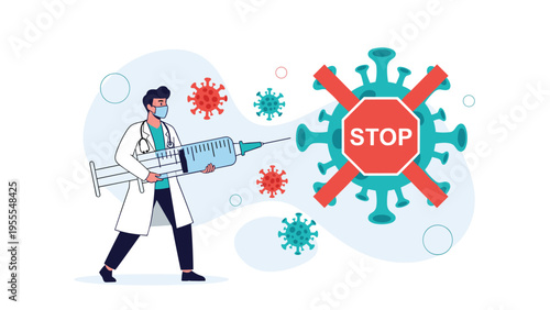 Doctor carrying a giant syringe to stop coronavirus molecules signifying the medical fight against the global pandemic.