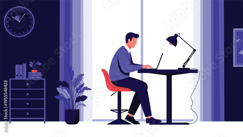 Professional man working late at night on his laptop in a dark room with a desk lamp and a large wall clock.