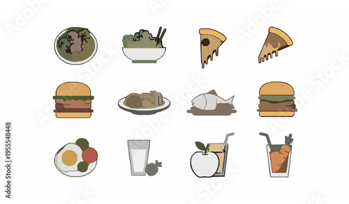 Modern food line icon set with salad poke bowl pizza pasta burger breakfast and juice symbols