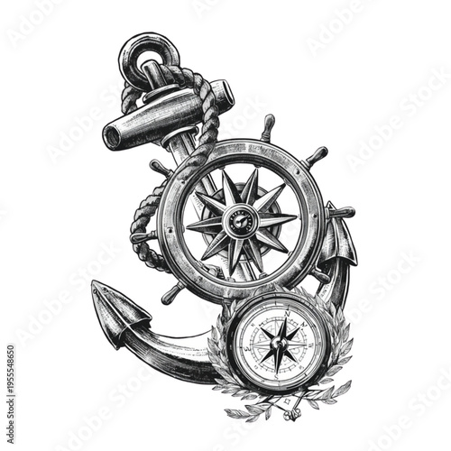 Nautical Anchor with Ship Wheel and Compass Design