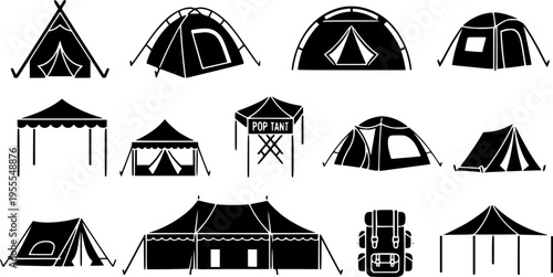 Collection of diverse tent and canopy icons for outdoor events and camping adventures
