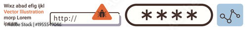 Online security, password protection, phishing warning, internet safety, secure data sharing, cyber threats. Warning triangle, hidden password link icon. Cybersecurity and password protection theme
