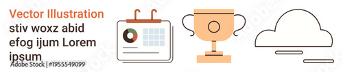 Business goals, achievements, planning, cloud storage, digital concepts, organization. Calendar with chart, trophy and cloud icons. Business goals and achievements visually